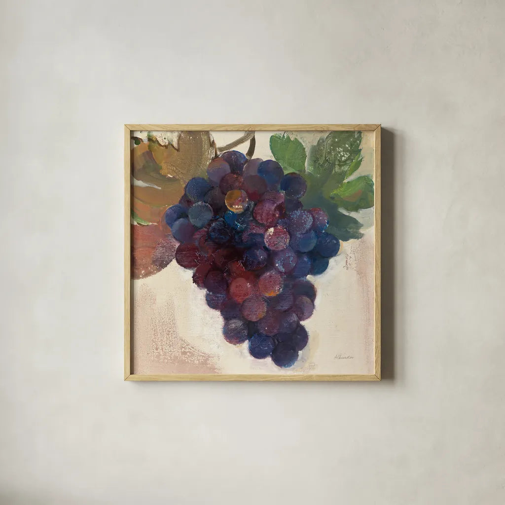 Grape Harvest IV by Albena Hristova. Shown in a natural wood glass frame for a timeless modern aesthetic. Available as an archival giclee rolled canvas, fine art paper, or poster print. SKU 55225a.