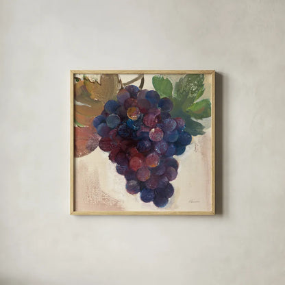 Grape Harvest IV by Albena Hristova. Shown in a natural wood glass frame for a timeless modern aesthetic. Available as an archival giclee rolled canvas, fine art paper, or poster print. SKU 55225a.