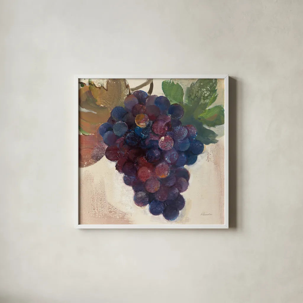 Grape Harvest IV by Albena Hristova. Shown in a crisp white glass frame for a clean and minimalist style. Available as an archival giclee rolled canvas, fine art paper, or poster print. SKU 55225a.