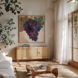 Grape Harvest IV by Albena Hristova. Shown in a natural wood frame in a cozy modern living room. Available as an archival giclee rolled canvas, fine art paper, or poster print. SKU 55225a.