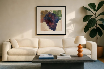 Grape Harvest IV by Albena Hristova. Displayed in a glass frame with matte in a clean modern living room. Available as an archival giclee rolled canvas, fine art paper, or poster print. SKU 55225a.