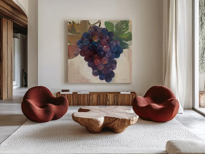 Grape Harvest IV by Albena Hristova. Shown as extra-large giant wall art in a modern living room. Available as an archival giclee rolled canvas, fine art paper, or poster print. SKU 55225a.