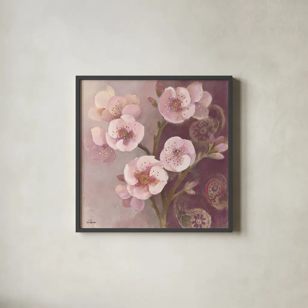 Gypsy Blossoms II by Albena Hristova. Shown in a sleek black glass frame for a contemporary gallery look. Available as an archival giclee rolled canvas, fine art paper, or poster print. SKU 12422a.