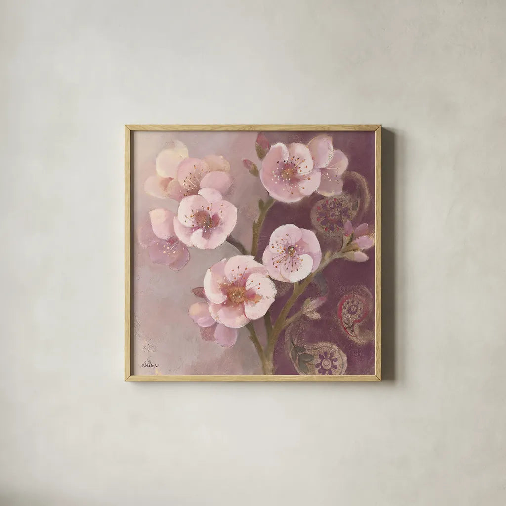 Gypsy Blossoms II by Albena Hristova. Shown in a natural wood glass frame for a timeless modern aesthetic. Available as an archival giclee rolled canvas, fine art paper, or poster print. SKU 12422a.