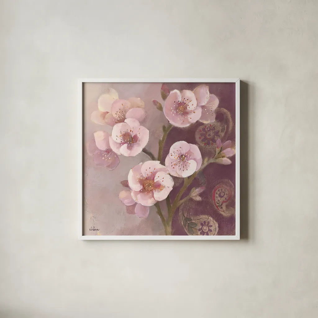 Gypsy Blossoms II by Albena Hristova. Shown in a crisp white glass frame for a clean and minimalist style. Available as an archival giclee rolled canvas, fine art paper, or poster print. SKU 12422a.