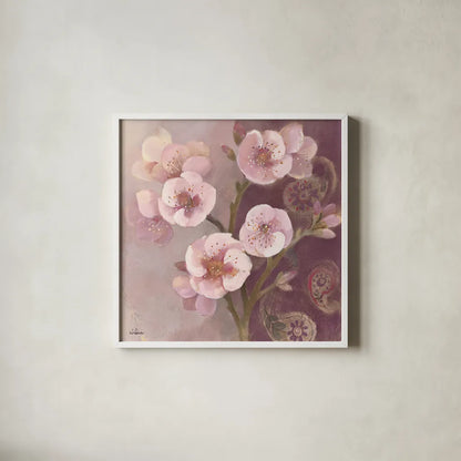 Gypsy Blossoms II by Albena Hristova. Shown in a crisp white glass frame for a clean and minimalist style. Available as an archival giclee rolled canvas, fine art paper, or poster print. SKU 12422a.