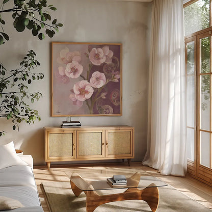 Gypsy Blossoms II by Albena Hristova. Shown in a natural wood frame in a cozy modern living room. Available as an archival giclee rolled canvas, fine art paper, or poster print. SKU 12422a.