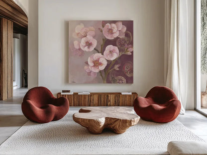 Gypsy Blossoms II by Albena Hristova. Shown as extra-large giant wall art in a modern living room. Available as an archival giclee rolled canvas, fine art paper, or poster print. SKU 12422a.