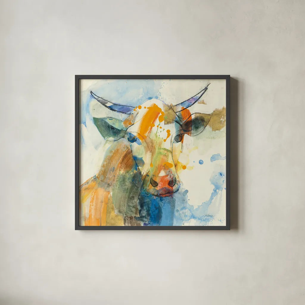 Happy Cows I by Albena Hristova. Shown in a sleek black glass frame for a contemporary gallery look. Available as an archival giclee rolled canvas, fine art paper, or poster print. SKU 41618a.