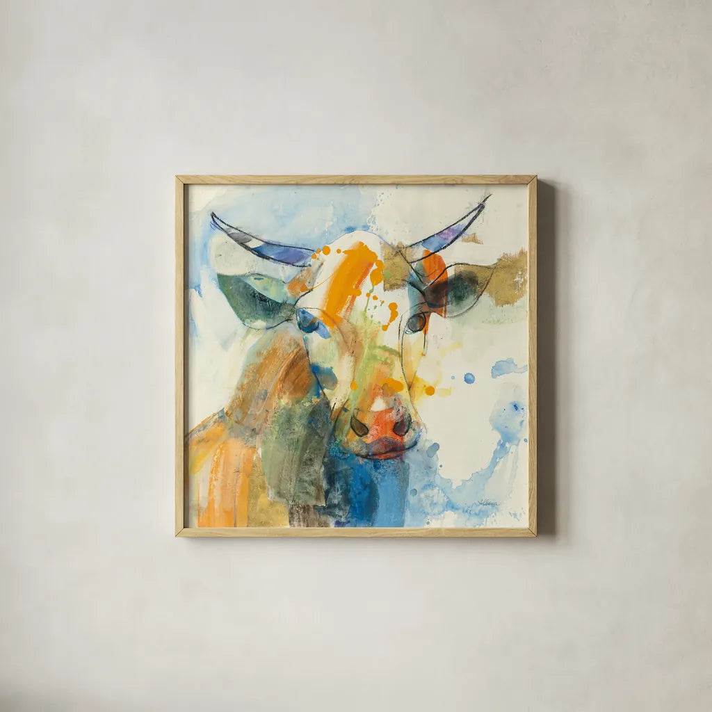 Happy Cows I by Albena Hristova. Shown in a natural wood glass frame for a timeless modern aesthetic. Available as an archival giclee rolled canvas, fine art paper, or poster print. SKU 41618a.