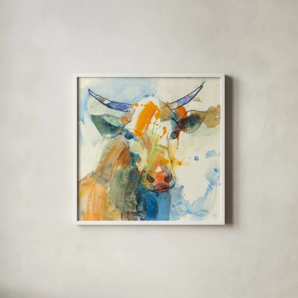 Happy Cows I by Albena Hristova. Shown in a crisp white glass frame for a clean and minimalist style. Available as an archival giclee rolled canvas, fine art paper, or poster print. SKU 41618a.