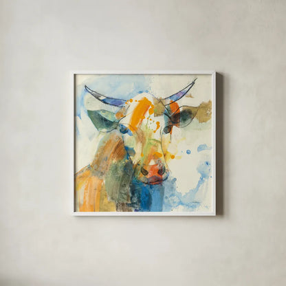 Happy Cows I by Albena Hristova. Shown in a crisp white glass frame for a clean and minimalist style. Available as an archival giclee rolled canvas, fine art paper, or poster print. SKU 41618a.