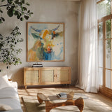 Happy Cows I by Albena Hristova. Shown in a natural wood frame in a cozy modern living room. Available as an archival giclee rolled canvas, fine art paper, or poster print. SKU 41618a.