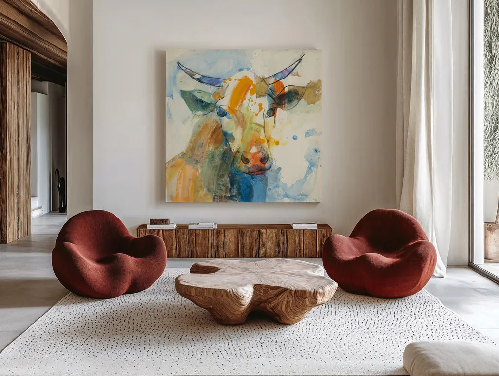 Happy Cows I by Albena Hristova. Shown as extra-large giant wall art in a modern living room. Available as an archival giclee rolled canvas, fine art paper, or poster print. SKU 41618a.