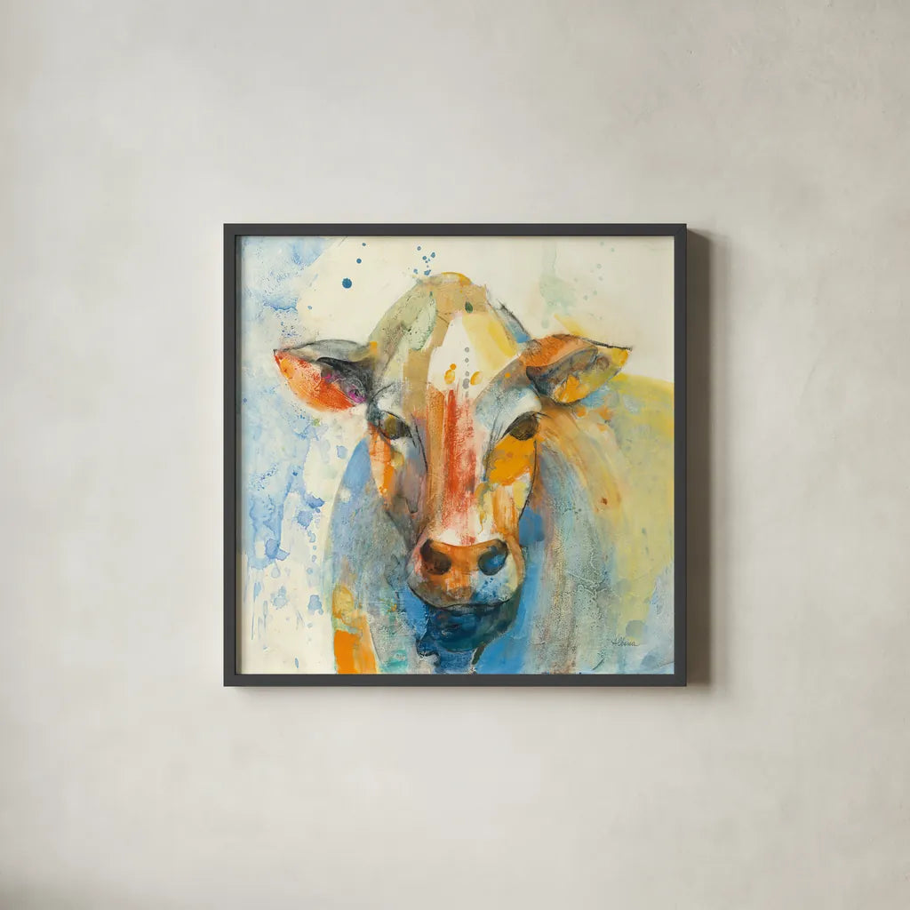 Happy Cows II by Albena Hristova. Shown in a sleek black glass frame for a contemporary gallery look. Available as an archival giclee rolled canvas, fine art paper, or poster print. SKU 41619a.