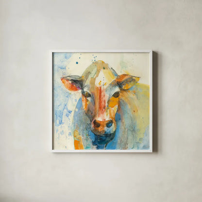 Happy Cows II by Albena Hristova. Shown in a crisp white glass frame for a clean and minimalist style. Available as an archival giclee rolled canvas, fine art paper, or poster print. SKU 41619a.