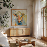 Happy Cows II by Albena Hristova. Shown in a natural wood frame in a cozy modern living room. Available as an archival giclee rolled canvas, fine art paper, or poster print. SKU 41619a.