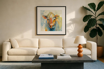 Happy Cows II by Albena Hristova. Displayed in a glass frame with matte in a clean modern living room. Available as an archival giclee rolled canvas, fine art paper, or poster print. SKU 41619a.