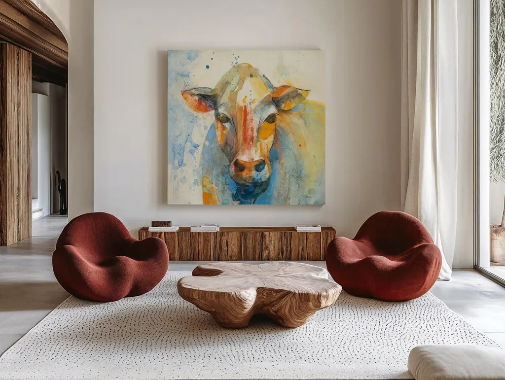 Happy Cows II by Albena Hristova. Shown as extra-large giant wall art in a modern living room. Available as an archival giclee rolled canvas, fine art paper, or poster print. SKU 41619a.