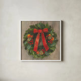 Holiday Wreath by Albena Hristova. Shown in a crisp white glass frame for a clean and minimalist style. Available as an archival giclee rolled canvas, fine art paper, or poster print. SKU 8951a.
