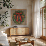 Holiday Wreath by Albena Hristova. Shown in a natural wood frame in a cozy modern living room. Available as an archival giclee rolled canvas, fine art paper, or poster print. SKU 8951a.
