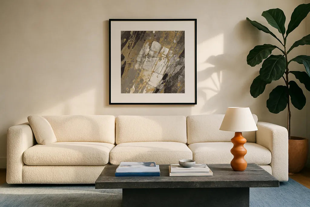 Hot Lava Neutral by Albena Hristova. Displayed in a glass frame with matte in a clean modern living room. Available as an archival giclee rolled canvas, fine art paper, or poster print. SKU 26883a.