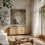 Hot Lava Neutral Flipped by Albena Hristova. Shown in a natural wood frame in a cozy modern living room. Available as an archival giclee rolled canvas, fine art paper, or poster print. SKU 28415a.