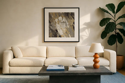 Hot Lava Neutral Flipped by Albena Hristova. Displayed in a glass frame with matte in a clean modern living room. Available as an archival giclee rolled canvas, fine art paper, or poster print. SKU 28415a.