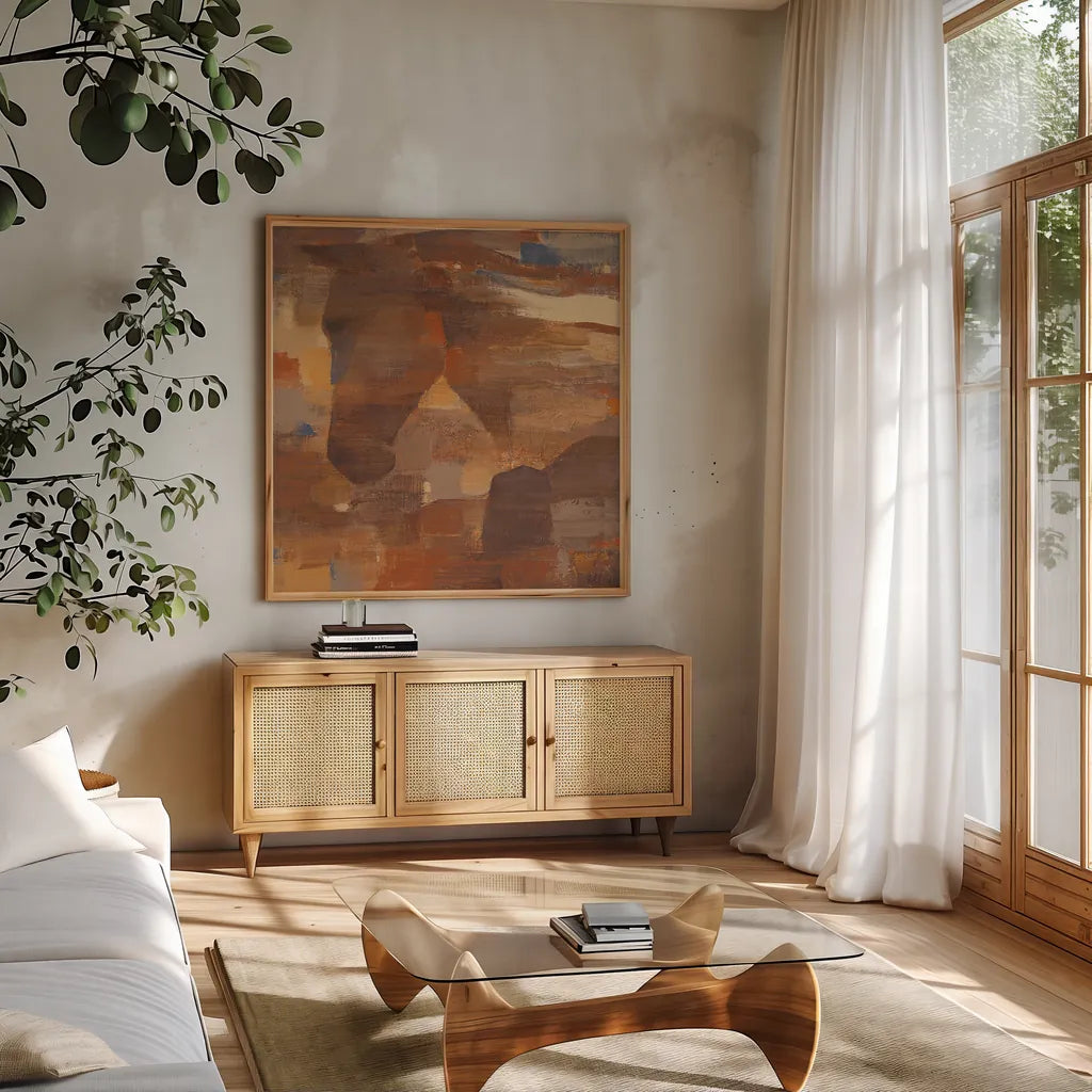 In the Wind by Albena Hristova. Shown in a natural wood frame in a cozy modern living room. Available as an archival giclee rolled canvas, fine art paper, or poster print. SKU 37622a.