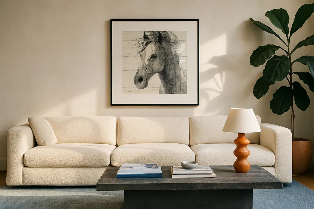In the Wind II Shiplap by Albena Hristova. Displayed in a glass frame with matte in a clean modern living room. Available as an archival giclee rolled canvas, fine art paper, or poster print. SKU 38819a.
