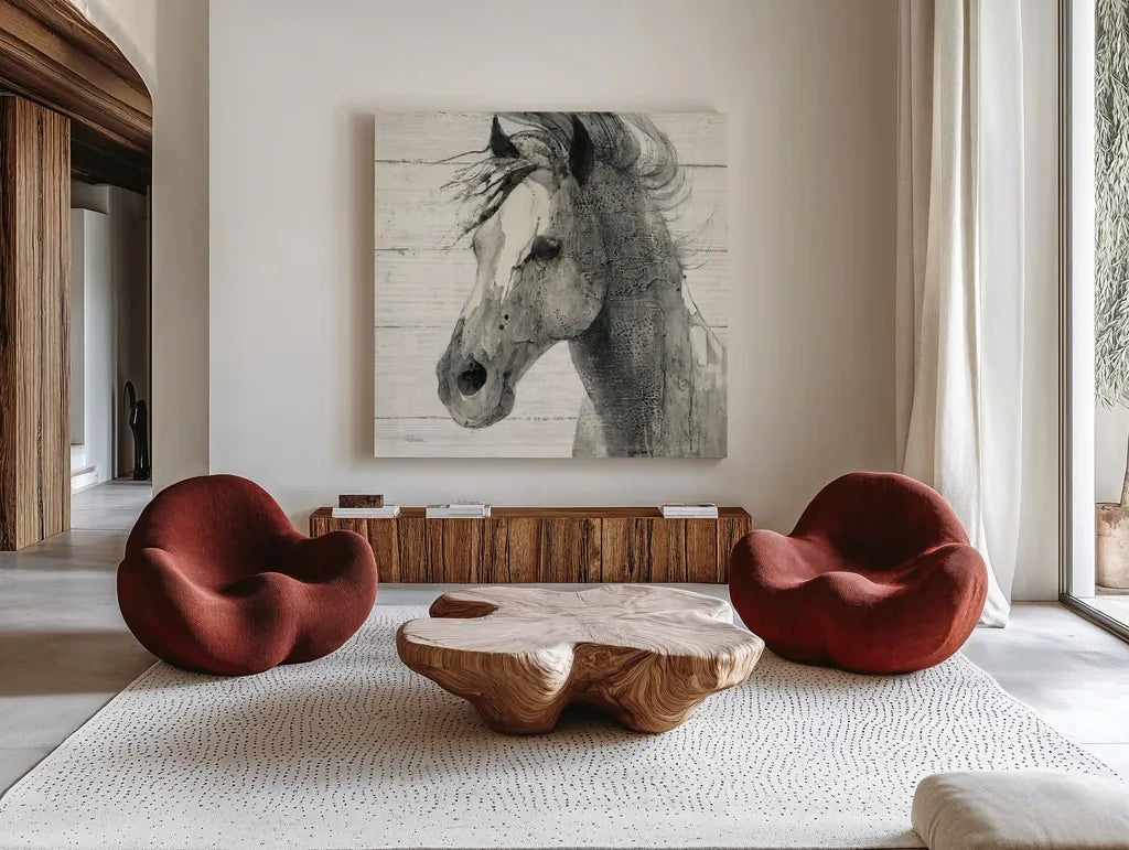 In the Wind II Shiplap by Albena Hristova. Shown as extra-large giant wall art in a modern living room. Available as an archival giclee rolled canvas, fine art paper, or poster print. SKU 38819a.