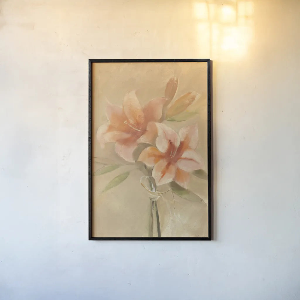 Inspirational Lilies by Albena Hristova. shown as a paper print in a black flame. Available as a archival giclee rolled canvas, fine art paper, or poster print. SKU 35683h.