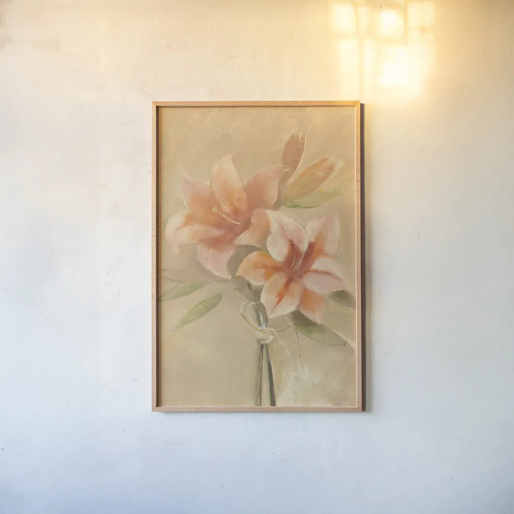 Inspirational Lilies by Albena Hristova. shown as a paper print in a natural frame. Available as a archival giclee rolled canvas, fine art paper, or poster print. SKU 35683h.