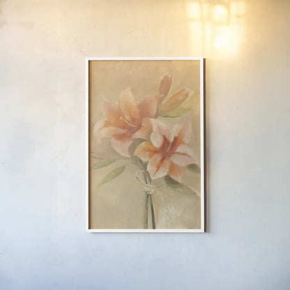 Inspirational Lilies by Albena Hristova. shown as a paper print in a white frame. Available as a archival giclee rolled canvas, fine art paper, or poster print. SKU 35683h.