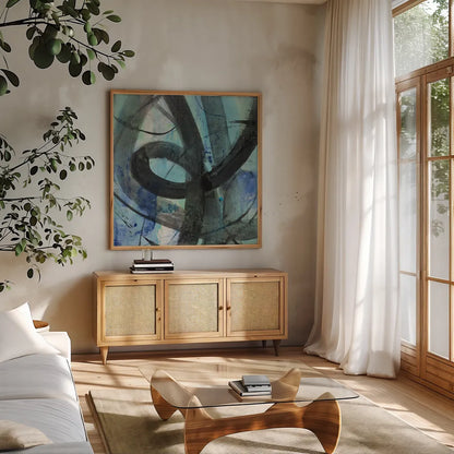 Into the Deep II by Albena Hristova. Shown in a natural wood frame in a cozy modern living room. Available as an archival giclee rolled canvas, fine art paper, or poster print. SKU 64603a.