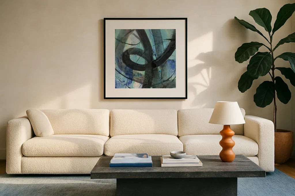 Into the Deep II by Albena Hristova. Displayed in a glass frame with matte in a clean modern living room. Available as an archival giclee rolled canvas, fine art paper, or poster print. SKU 64603a.