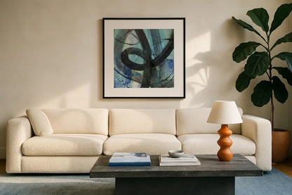 Into the Deep II by Albena Hristova. Displayed in a glass frame with matte in a clean modern living room. Available as an archival giclee rolled canvas, fine art paper, or poster print. SKU 64603a.