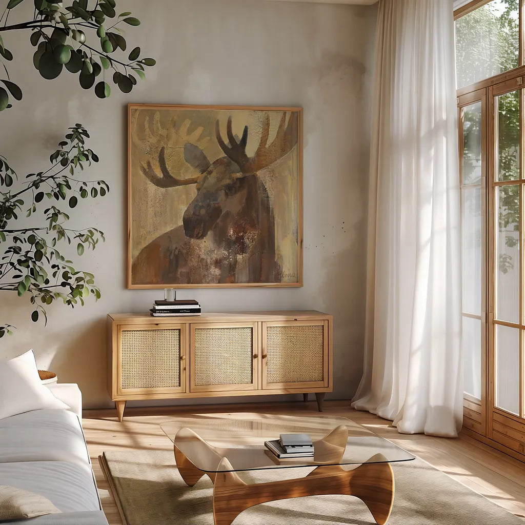 Into the Wild II by Albena Hristova. Shown in a natural wood frame in a cozy modern living room. Available as an archival giclee rolled canvas, fine art paper, or poster print. SKU 23821a.