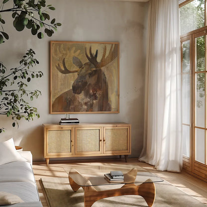 Into the Wild II by Albena Hristova. Shown in a natural wood frame in a cozy modern living room. Available as an archival giclee rolled canvas, fine art paper, or poster print. SKU 23821a.