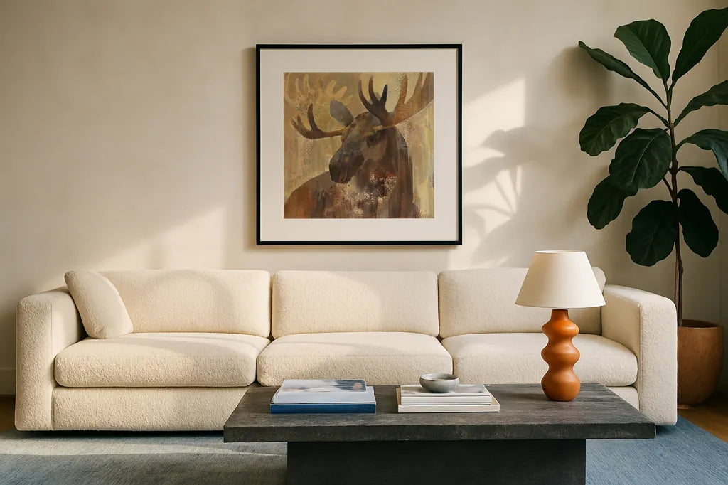 Into the Wild II by Albena Hristova. Displayed in a glass frame with matte in a clean modern living room. Available as an archival giclee rolled canvas, fine art paper, or poster print. SKU 23821a.