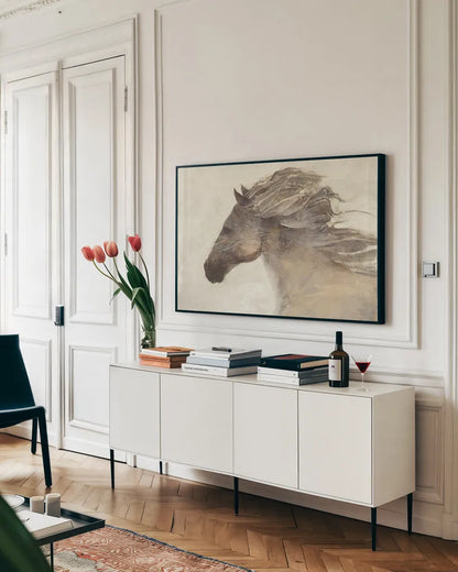 Into the Wind Ivory Crop by Albena Hristova. shown as a framed stretched canvas in a living room above a console. Available as a archival giclee rolled canvas, fine art paper, or poster print. SKU 18666i.