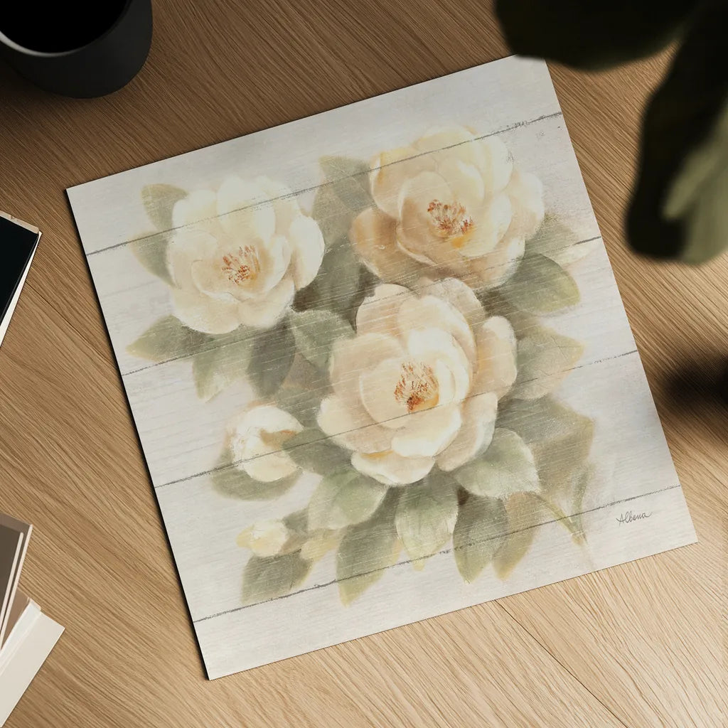 Ivory Camelia on Wood by Albena Hristova. Shown as a detailed flat fine art print, highlighting archival giclee quality. Available as an archival giclee rolled canvas, fine art paper, or poster print. SKU 44748a.