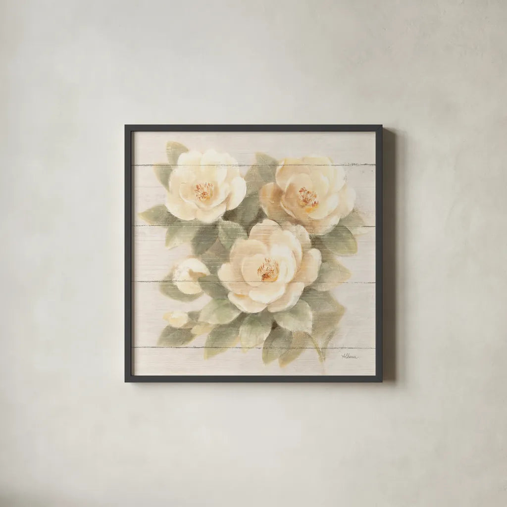 Ivory Camelia on Wood by Albena Hristova. Shown in a sleek black glass frame for a contemporary gallery look. Available as an archival giclee rolled canvas, fine art paper, or poster print. SKU 44748a.