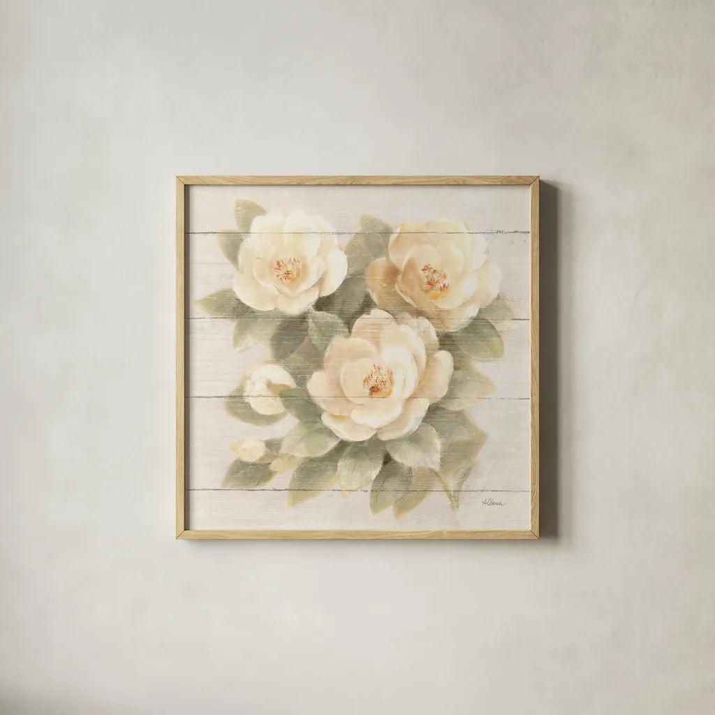 Ivory Camelia on Wood by Albena Hristova. Shown in a natural wood glass frame for a timeless modern aesthetic. Available as an archival giclee rolled canvas, fine art paper, or poster print. SKU 44748a.