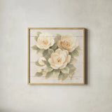 Ivory Camelia on Wood by Albena Hristova. Shown in a natural wood glass frame for a timeless modern aesthetic. Available as an archival giclee rolled canvas, fine art paper, or poster print. SKU 44748a.