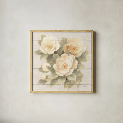 Ivory Camelia on Wood by Albena Hristova. Shown in a natural wood glass frame for a timeless modern aesthetic. Available as an archival giclee rolled canvas, fine art paper, or poster print. SKU 44748a.