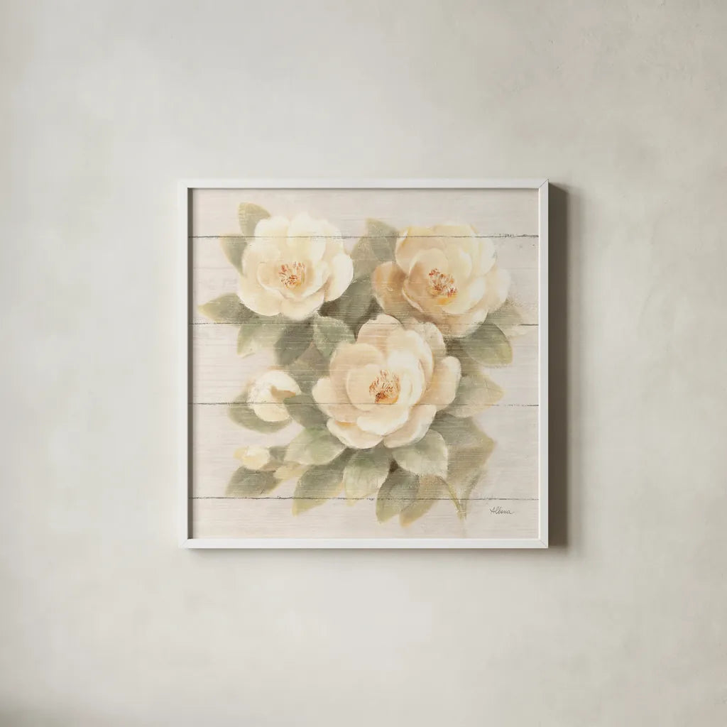 Ivory Camelia on Wood by Albena Hristova. Shown in a crisp white glass frame for a clean and minimalist style. Available as an archival giclee rolled canvas, fine art paper, or poster print. SKU 44748a.
