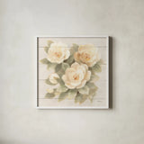 Ivory Camelia on Wood by Albena Hristova. Shown in a crisp white glass frame for a clean and minimalist style. Available as an archival giclee rolled canvas, fine art paper, or poster print. SKU 44748a.