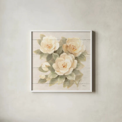 Ivory Camelia on Wood by Albena Hristova. Shown in a crisp white glass frame for a clean and minimalist style. Available as an archival giclee rolled canvas, fine art paper, or poster print. SKU 44748a.