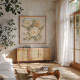 Ivory Camelia on Wood by Albena Hristova. Shown in a natural wood frame in a cozy modern living room. Available as an archival giclee rolled canvas, fine art paper, or poster print. SKU 44748a.